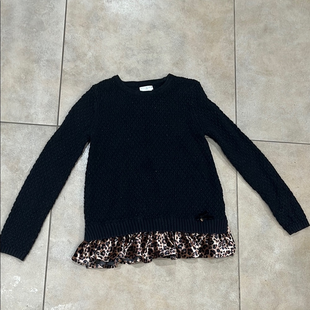 Girls black sweater with animal print peplum detail, size L (10-12), gently worn
